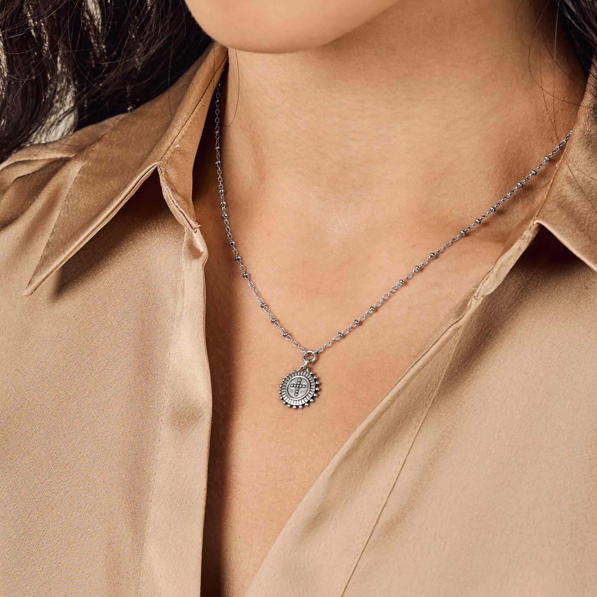 Delicate Beaded Cross Medallion Necklace - Image 4